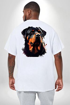 Sulu Boya Rottweiler Büyük Beden Beyaz Tişört Kadın Erkek Ünisex Sırt Baskılı