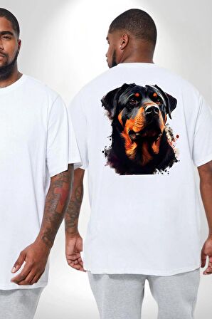 Sulu Boya Rottweiler Büyük Beden Beyaz Tişört Kadın Erkek Ünisex Sırt Baskılı
