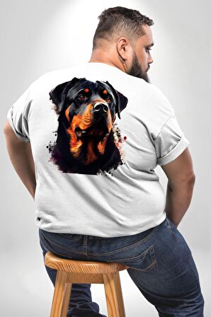 Sulu Boya Rottweiler Büyük Beden Beyaz Tişört Kadın Erkek Ünisex Sırt Baskılı