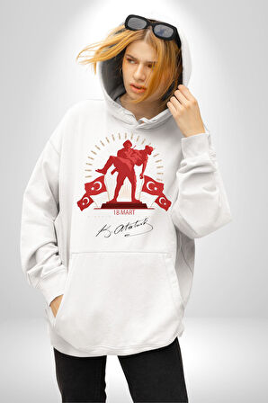 18 Mart Çanakkale Atatürk İmzası Kadın Erkek  Beyaz Kapüşonlu Sweatshirt Hoodie