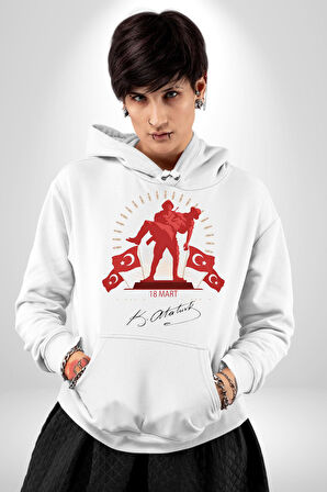 18 Mart Çanakkale Atatürk İmzası Kadın Erkek  Beyaz Kapüşonlu Sweatshirt Hoodie