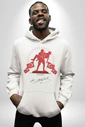 18 Mart Çanakkale Atatürk İmzası Kadın Erkek  Beyaz Kapüşonlu Sweatshirt Hoodie