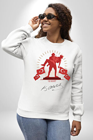 18 Mart Çanakkale Atatürk İmzası Kadın Erkek Beyaz Sweatshirt 