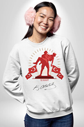 18 Mart Çanakkale Atatürk İmzası Kadın Erkek Beyaz Sweatshirt 