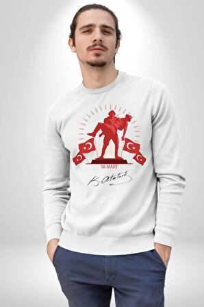 18 Mart Çanakkale Atatürk İmzası Kadın Erkek Beyaz Sweatshirt 