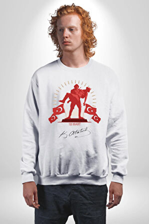 18 Mart Çanakkale Atatürk İmzası Kadın Erkek Beyaz Sweatshirt 