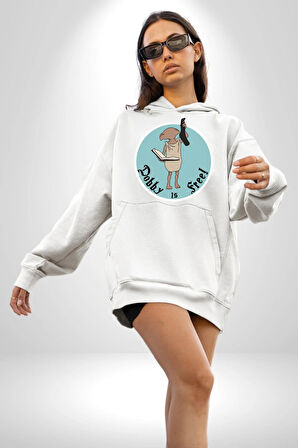 Dobby Özgürlük Kadın Erkek  Beyaz Kapüşonlu Sweatshirt Hoodie