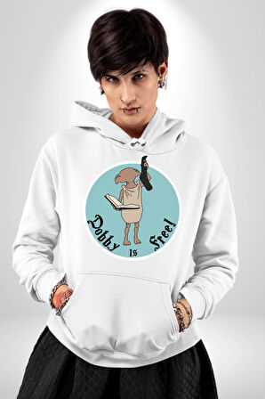 Dobby Özgürlük Kadın Erkek  Beyaz Kapüşonlu Sweatshirt Hoodie