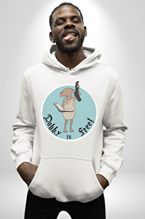 Dobby Özgürlük Kadın Erkek  Beyaz Kapüşonlu Sweatshirt Hoodie