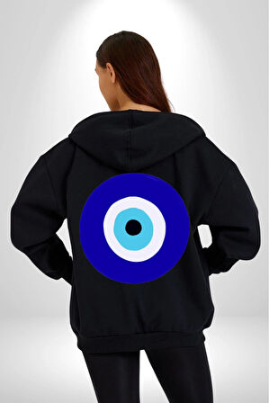 Nazar Boncuğu Kadın Erkek Siyah Kapüşonlu Fermuarlı Baskılı Hırka Sweatshirt