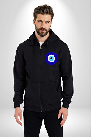Nazar Boncuğu Kadın Erkek Siyah Kapüşonlu Fermuarlı Baskılı Hırka Sweatshirt