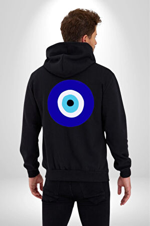 Nazar Boncuğu Kadın Erkek Siyah Kapüşonlu Fermuarlı Baskılı Hırka Sweatshirt