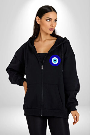 Nazar Boncuğu Kadın Erkek Siyah Kapüşonlu Fermuarlı Baskılı Hırka Sweatshirt