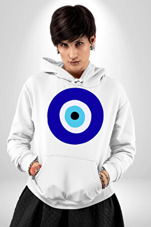 Nazar Boncuğu Kadın Erkek  Beyaz Kapüşonlu Sweatshirt Hoodie