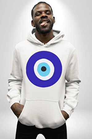 Nazar Boncuğu Kadın Erkek  Beyaz Kapüşonlu Sweatshirt Hoodie