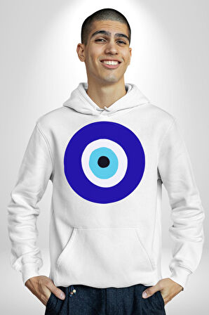 Nazar Boncuğu Kadın Erkek  Beyaz Kapüşonlu Sweatshirt Hoodie