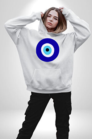 Nazar Boncuğu Kadın Erkek  Beyaz Kapüşonlu Sweatshirt Hoodie