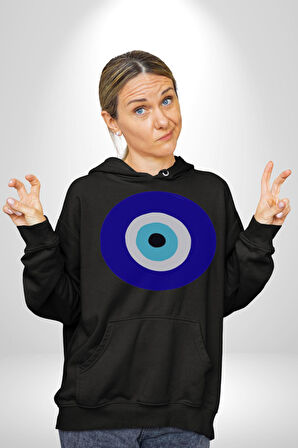 Nazar Boncuğu Kadın Erkek  Siyah Kapüşonlu Sweatshirt Hoodie