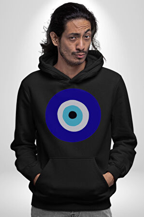 Nazar Boncuğu Kadın Erkek  Siyah Kapüşonlu Sweatshirt Hoodie