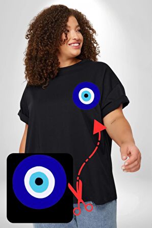 Nazar Boncuğu Siyah Büyük Beden Kadın Basic Minimal Baskılı Tişört