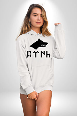 Türk Yazısı Kadın Erkek  Beyaz Kapüşonlu Sweatshirt Hoodie
