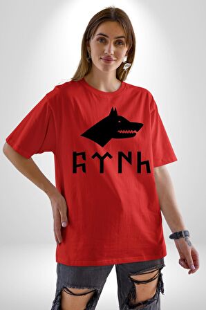 Türk Yazısı Pamuklu Bisiklet Yaka Kadın Erkek Oversize Boyfriend Dijital Baskılı Kırmızı T-shirt