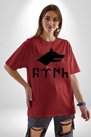 Türk Yazısı Pamuklu Bisiklet Yaka Kadın Erkek Oversize Boyfriend Dijital Baskılı Kırmızı T-shirt