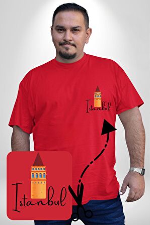 İstanbul Galata Kulesi Kırmızı Büyük Beden Kadın Basic Minimal Baskılı Tişört