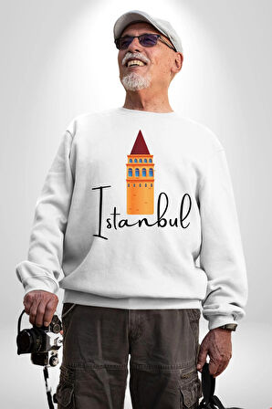 İstanbul Galata Kulesi Kadın Erkek Beyaz Sweatshirt 