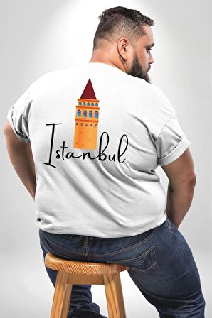 İstanbul Galata Kulesi Büyük Beden Beyaz Tişört Kadın Erkek Ünisex Sırt Baskılı