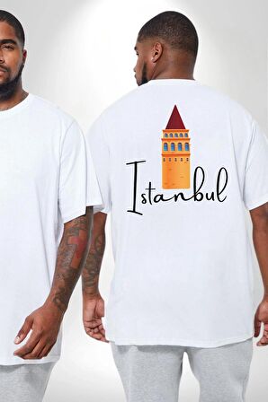 İstanbul Galata Kulesi Büyük Beden Beyaz Tişört Kadın Erkek Ünisex Sırt Baskılı