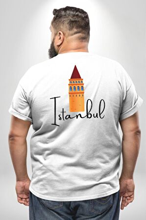 İstanbul Galata Kulesi Büyük Beden Beyaz Tişört Kadın Erkek Ünisex Sırt Baskılı