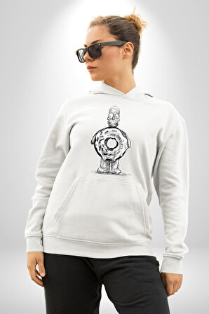 Donut Homer Simpson Karakalem Kadın Erkek  Beyaz Kapüşonlu Sweatshirt Hoodie