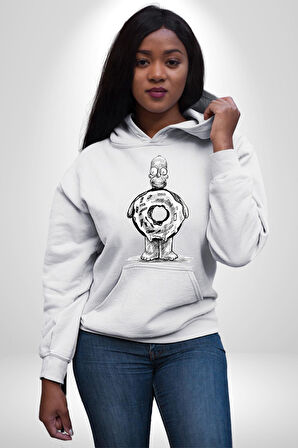 Donut Homer Simpson Karakalem Kadın Erkek  Beyaz Kapüşonlu Sweatshirt Hoodie