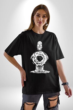 Donut Homer Simpson Karakalem Pamuklu Bisiklet Yaka Kadın Erkek Oversize Boyfriend Dijital Baskılı Siyah T-shirt