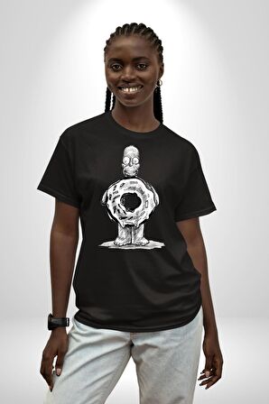 Donut Homer Simpson Karakalem Pamuklu Bisiklet Yaka Kadın Erkek Oversize Boyfriend Dijital Baskılı Siyah T-shirt