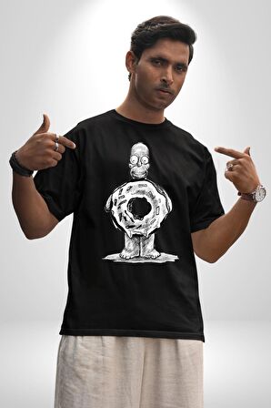 Donut Homer Simpson Karakalem Pamuklu Bisiklet Yaka Kadın Erkek Oversize Boyfriend Dijital Baskılı Siyah T-shirt