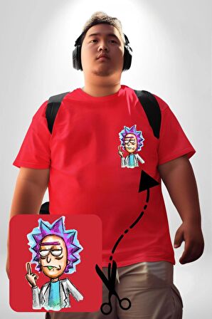 Rick ve Morty İsyan Boya Kalemi Tasarımı Kırmızı Büyük Beden Kadın Basic Minimal Baskılı Tişört