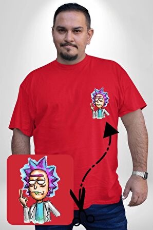Rick ve Morty İsyan Boya Kalemi Tasarımı Kırmızı Büyük Beden Kadın Basic Minimal Baskılı Tişört
