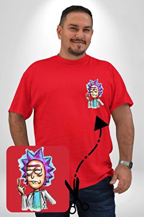 Rick ve Morty İsyan Boya Kalemi Tasarımı Kırmızı Büyük Beden Kadın Basic Minimal Baskılı Tişört