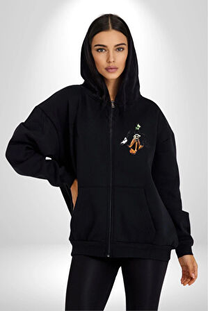 Goofy Özel Tasarım Kadın Erkek Siyah Kapüşonlu Fermuarlı Baskılı Hırka Sweatshirt