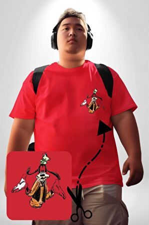 Goofy Özel Tasarım Kırmızı Büyük Beden Kadın Basic Minimal Baskılı Tişört
