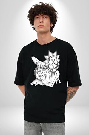 Rick and Morty Karakalem Çalışması Pamuklu Bisiklet Yaka Kadın Erkek Oversize Boyfriend Dijital Baskılı Siyah T-shirt