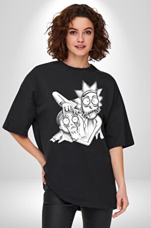 Rick and Morty Karakalem Çalışması Pamuklu Bisiklet Yaka Kadın Erkek Oversize Boyfriend Dijital Baskılı Siyah T-shirt