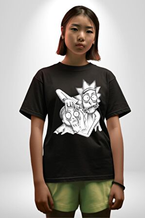 Rick and Morty Karakalem Çalışması Pamuklu Bisiklet Yaka Kadın Erkek Oversize Boyfriend Dijital Baskılı Siyah T-shirt