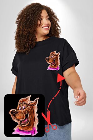 Scooby Doo Siyah Büyük Beden Kadın Basic Minimal Baskılı Tişört