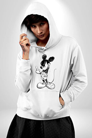 Sinirli Mickey  Kadın Erkek  Beyaz Kapüşonlu Sweatshirt Hoodie