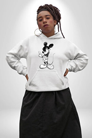 Sinirli Mickey  Kadın Erkek  Beyaz Kapüşonlu Sweatshirt Hoodie