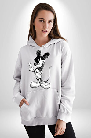 Sinirli Mickey  Kadın Erkek  Beyaz Kapüşonlu Sweatshirt Hoodie