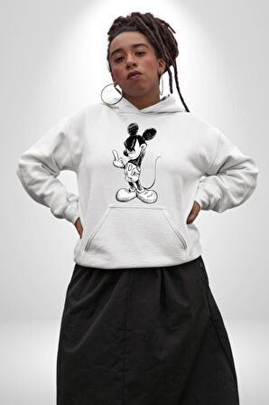 Sinirli Mickey  Kadın Erkek  Beyaz Kapüşonlu Sweatshirt Hoodie